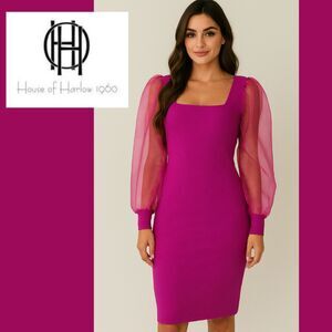 NWT House of Harlow 1960 Festival Fuchsia Dress with Sheer Long Sleeves